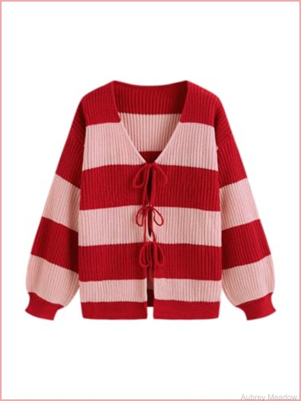 Women's Tie Front Cardigan Sweater Striped Knit Cropped Balloon Sleeve